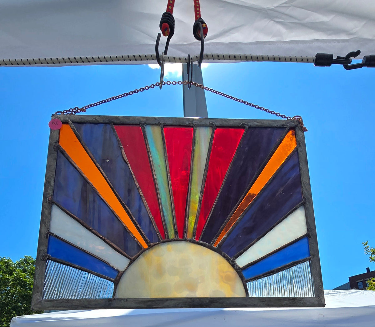 Handmade stained glass Sunrise Stained Glass Panel Handmade Coastal Window Hanging with Vibrant Rays by Through The Pane Studios