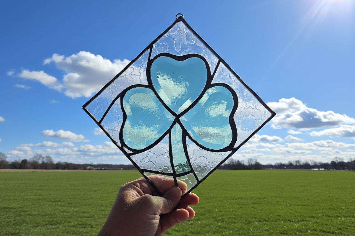 Handmade stained glass Shamrock with clear textured glass by Through The Pane Studios