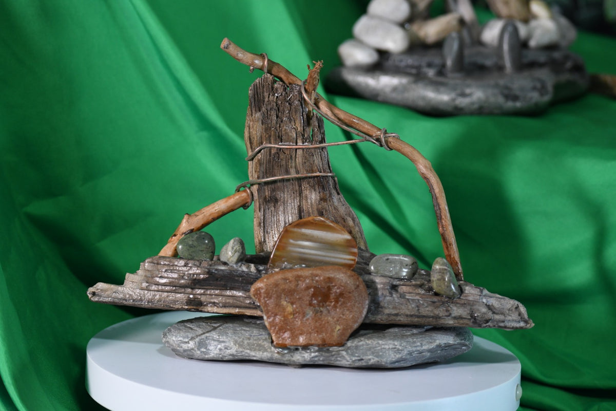 Driftwood & Beach Stone Stained Glass Base with Copper Wire Coastal Sculpture
