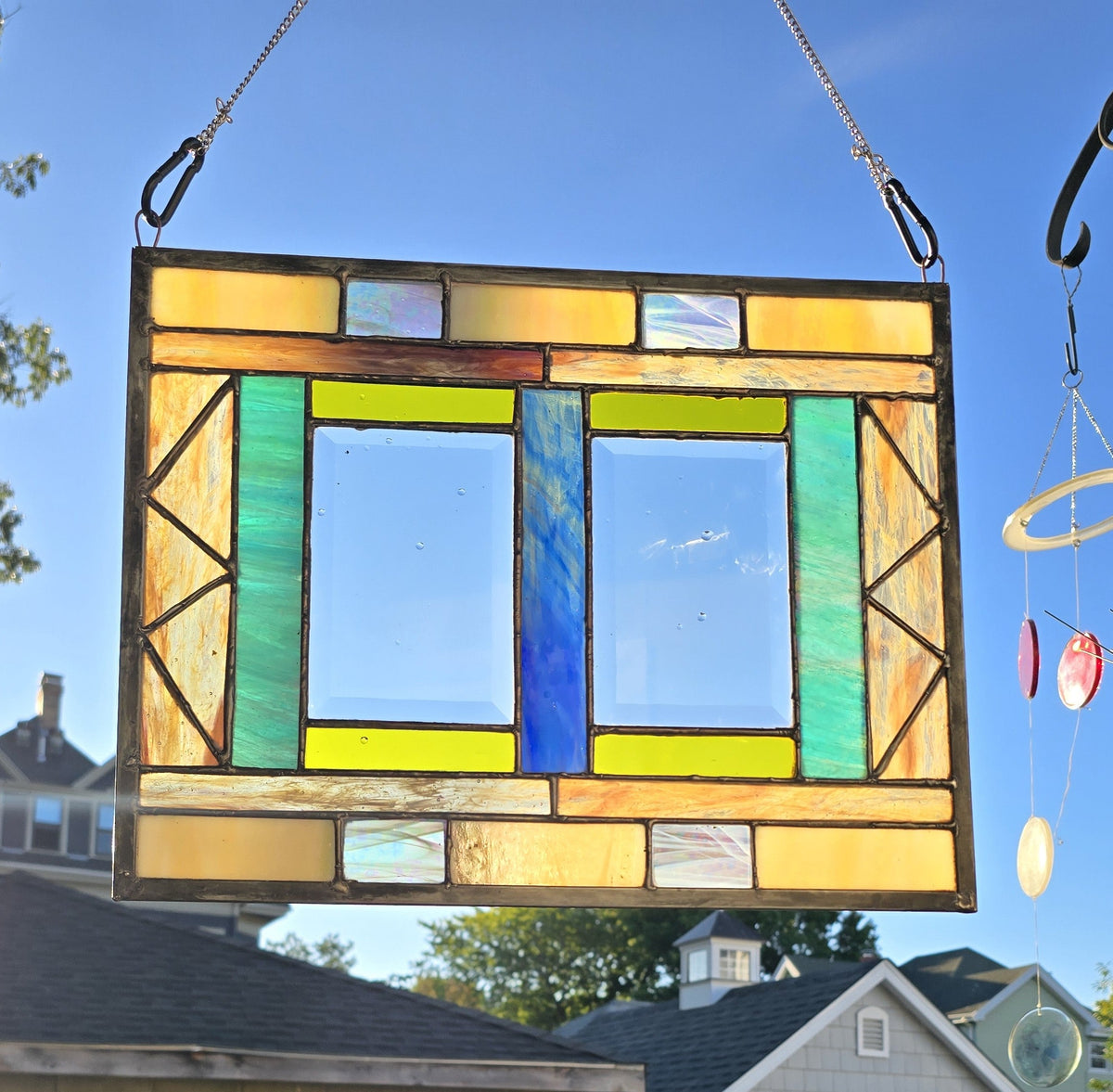 Handmade stained glass Sunlit Geometry Handmade Stained Glass Panel with Iridescent Accents by Through The Pane Studios