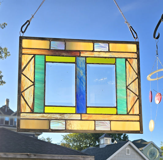 Handmade stained glass Sunlit Geometry Handmade Stained Glass Panel with Iridescent Accents by Through The Pane Studios