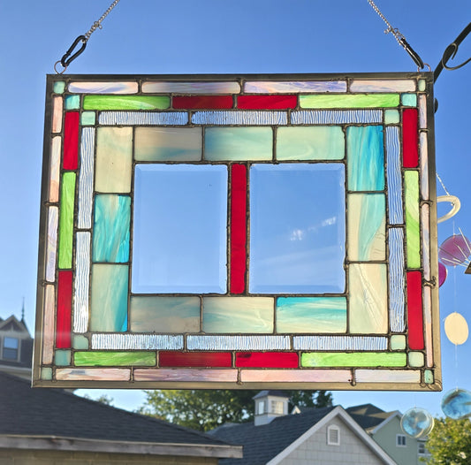 Handmade stained glass Jewel Window Geometric Stained Glass Panel with Clear Textured Glass by Through The Pane Studios