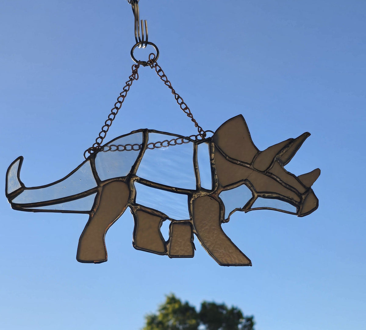 Handmade stained glass Triceratops Glow Handmade Stained Glass Dinosaur Ornament by Through The Pane Studios
