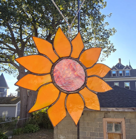 Handmade stained glass Sunburst Bloom Handmade Stained Glass Sunflower with Swirled Glass Center by Through The Pane Studios