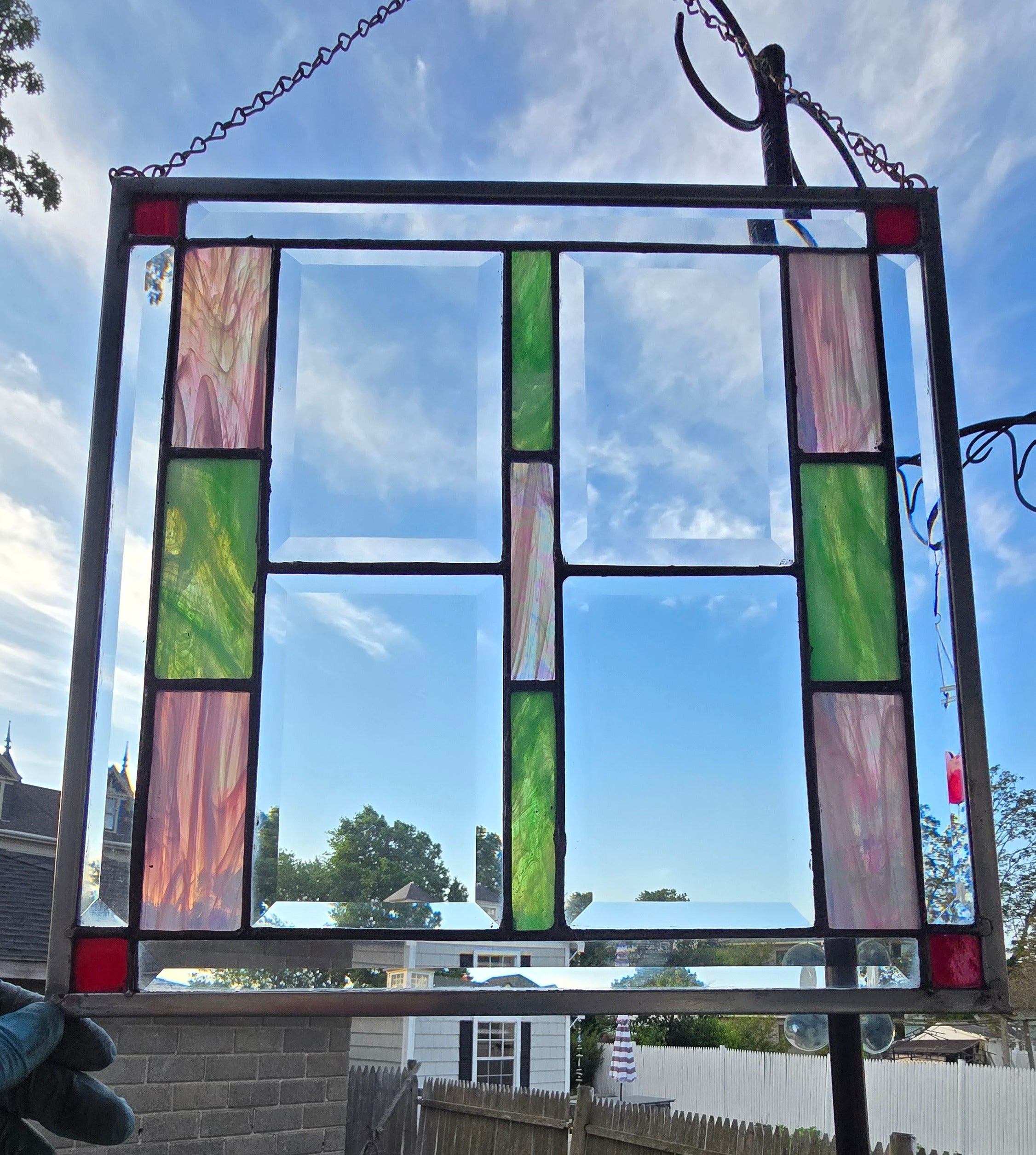 14" Square Stained Glass Panel â€“ Green, Pink & Clear Glass