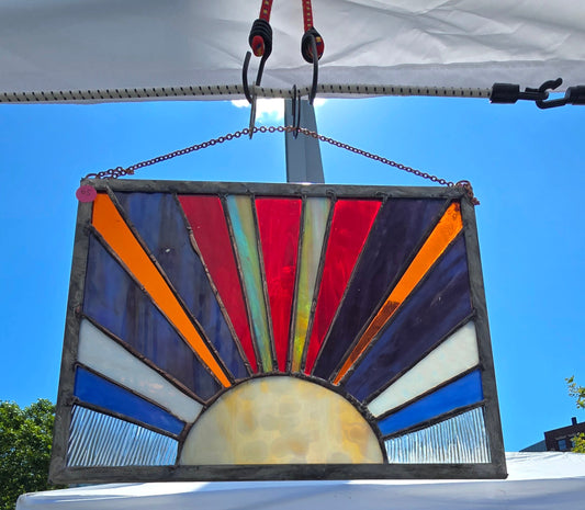 Handmade stained glass Sunrise Stained Glass Panel Handmade Coastal Window Hanging with Vibrant Rays by Through The Pane Studios