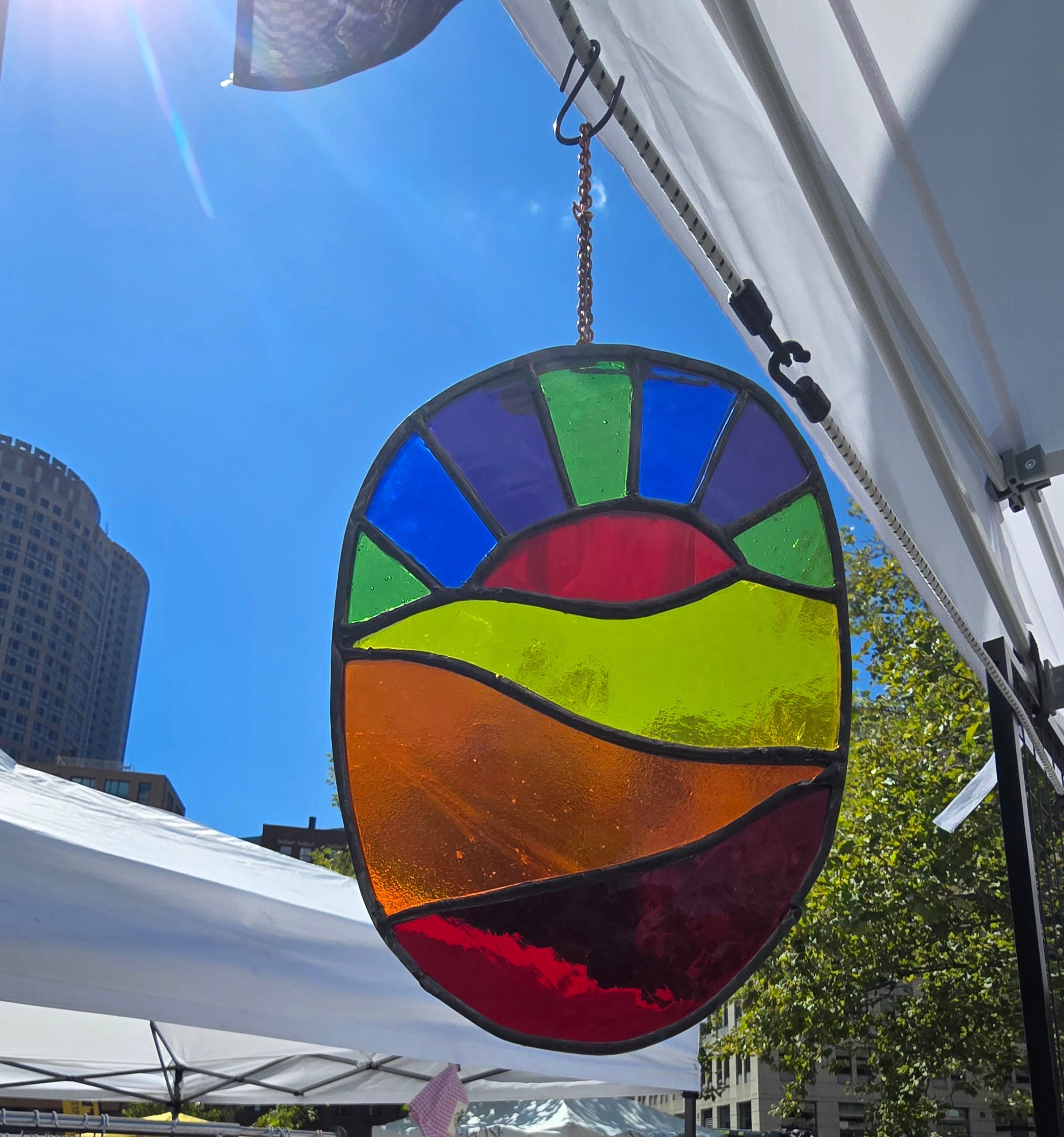 Oval Landscape Stained Glass Suncatcher â€“ Handmade Nature-Inspired Window Hanging