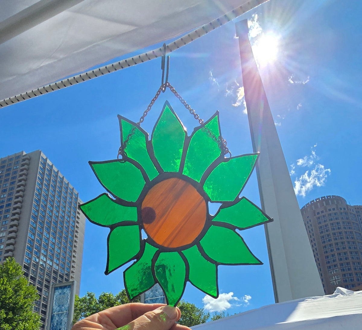 Handmade stained glass Green Petal Stained Glass Flower Ornament Handmade Nature-Inspired Suncatcher by Through The Pane Studios