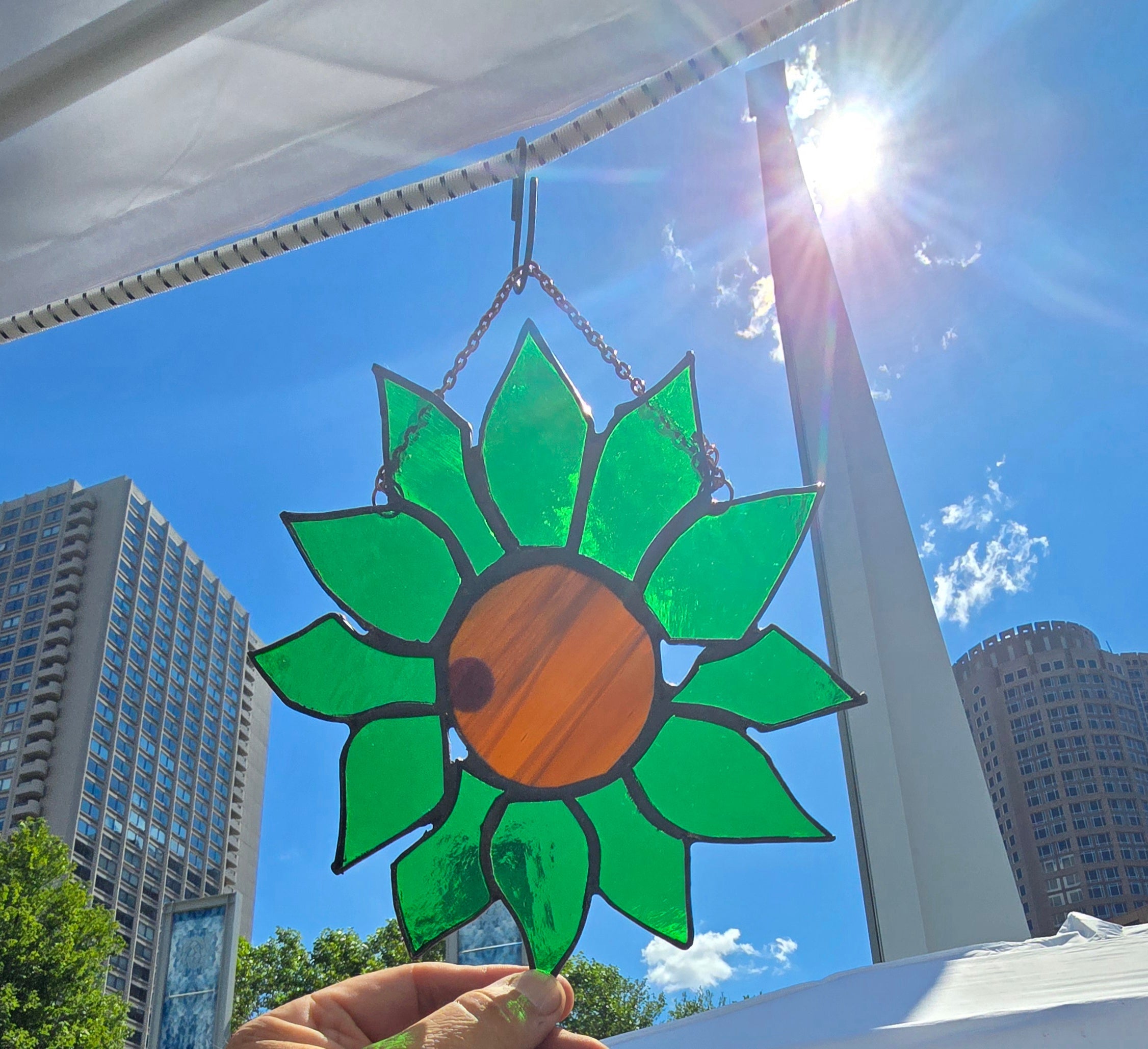 Handmade stained glass Green Petal Stained Glass Flower Ornament Handmade Nature-Inspired Suncatcher by Through The Pane Studios