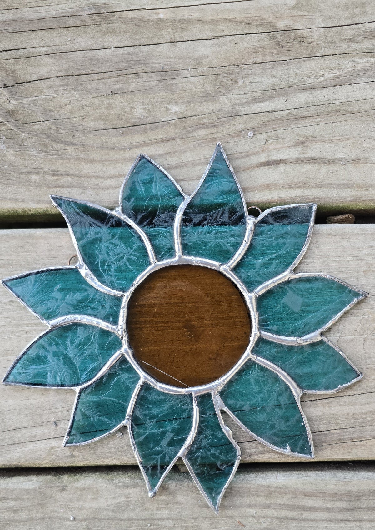 Handmade stained glass Sunflower - Teal by Through The Pane Studios