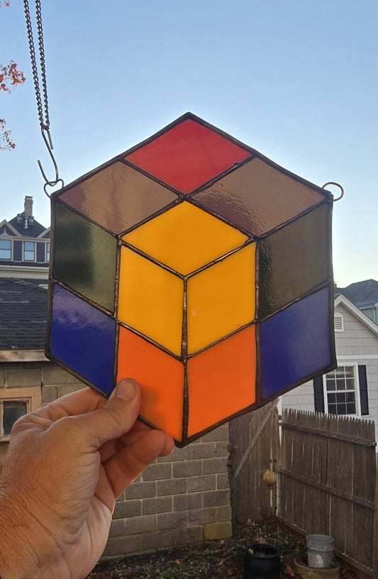 Handmade stained glass Six Sided Qbert by Through The Pane Studios