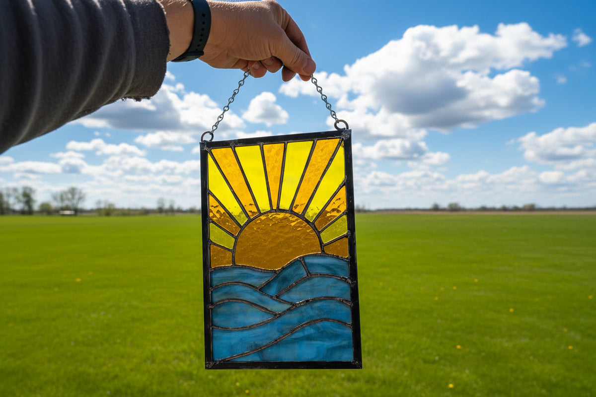 Handmade stained glass Stained Glass Sunrise Over Ocean Panel Handcrafted 8 x 12 Hanging Art by Through The Pane Studios