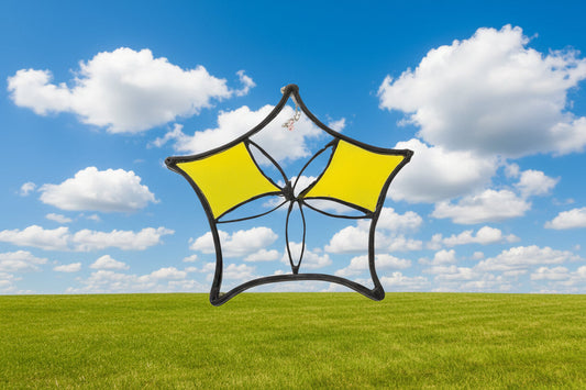 Handmade stained glass Pentagram with yellow and clear points by Through The Pane Studios