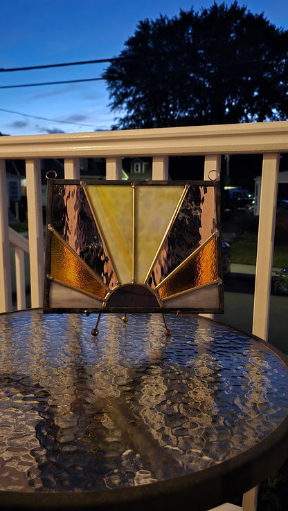 Handmade 9 —12 Sunburst Stained Glass   UV Fluorescent Glass   Sunrise Window Panel