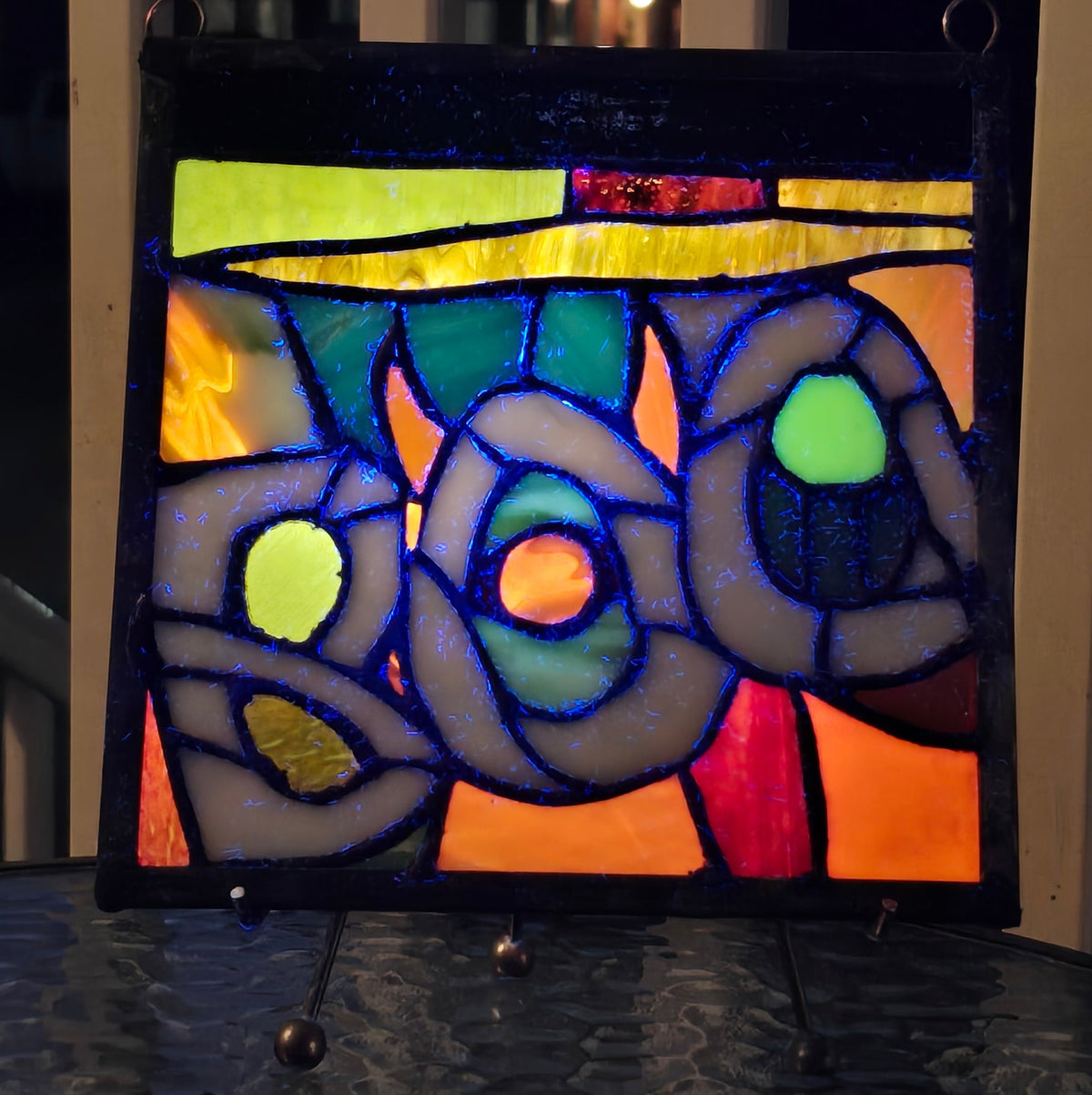 10"  — 10" Fluorescent Stained Glass Panel   Geometric Abstract Design