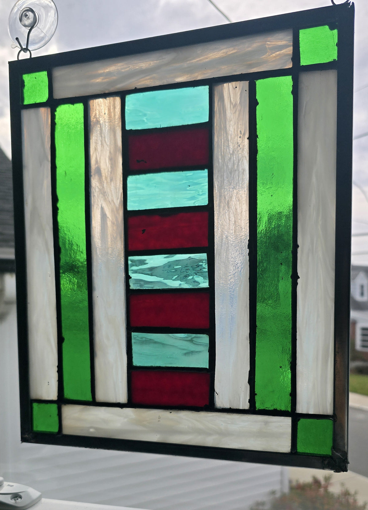 Handmade stained glass Red, Blue & Green Geometric Stained Glass by Through The Pane Studios