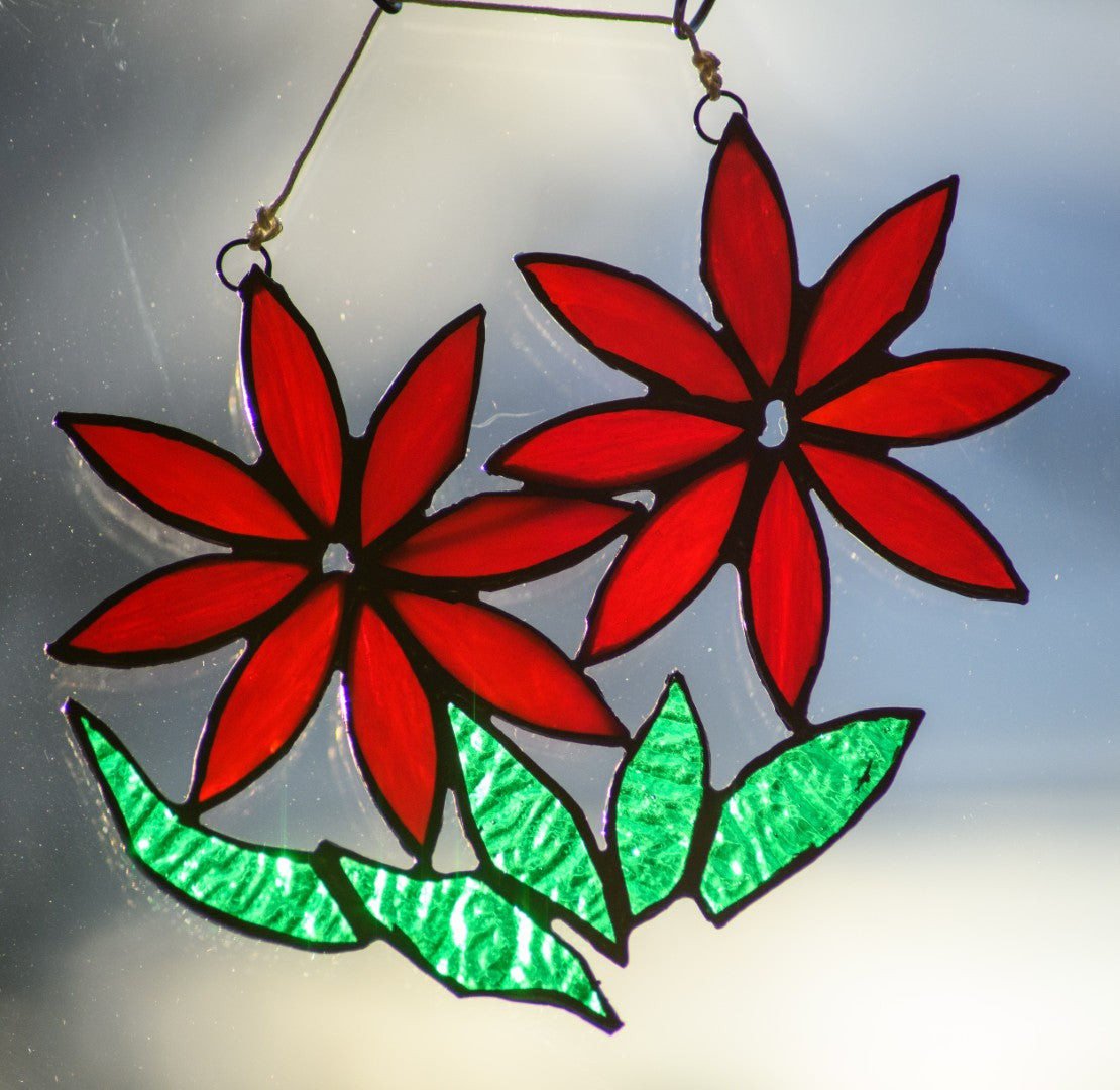 Handmade stained glass Pair of Red Flowers by Through The Pane Studios
