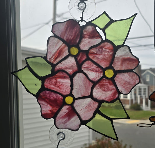 Handmade stained glass Pink & Red Blooms with Green Leaves by Through The Pane Studios