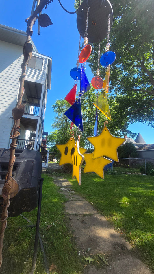 Handmade stained glass Wind Chimes - Mario Star by Through The Pane Studios