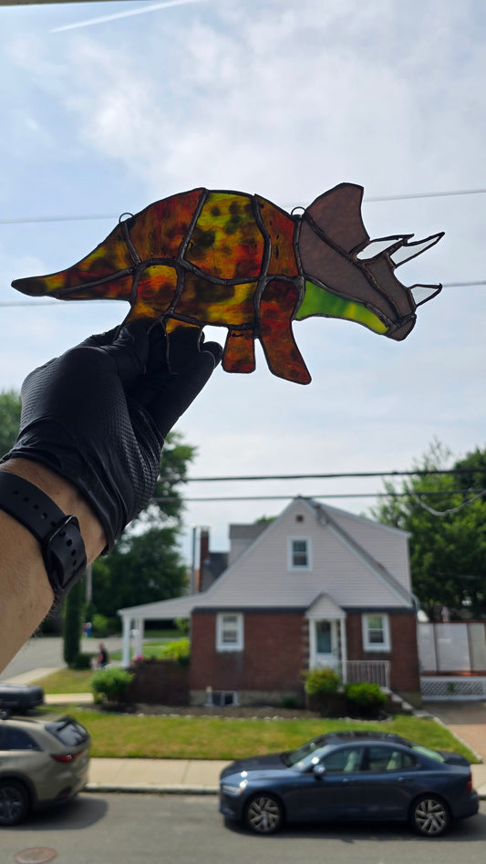 Handmade stained glass Triceretops by Through The Pane Studios