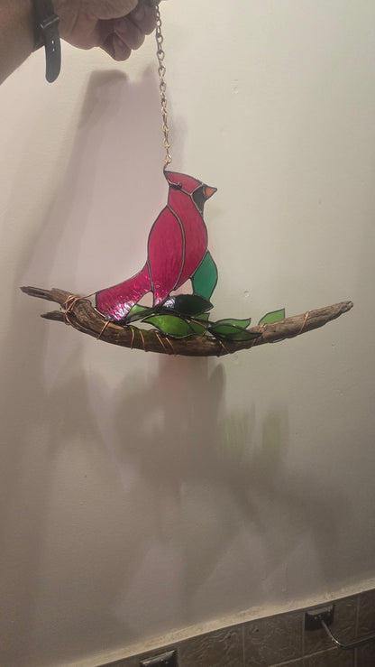 3D Stained glass Cardinal on a branch